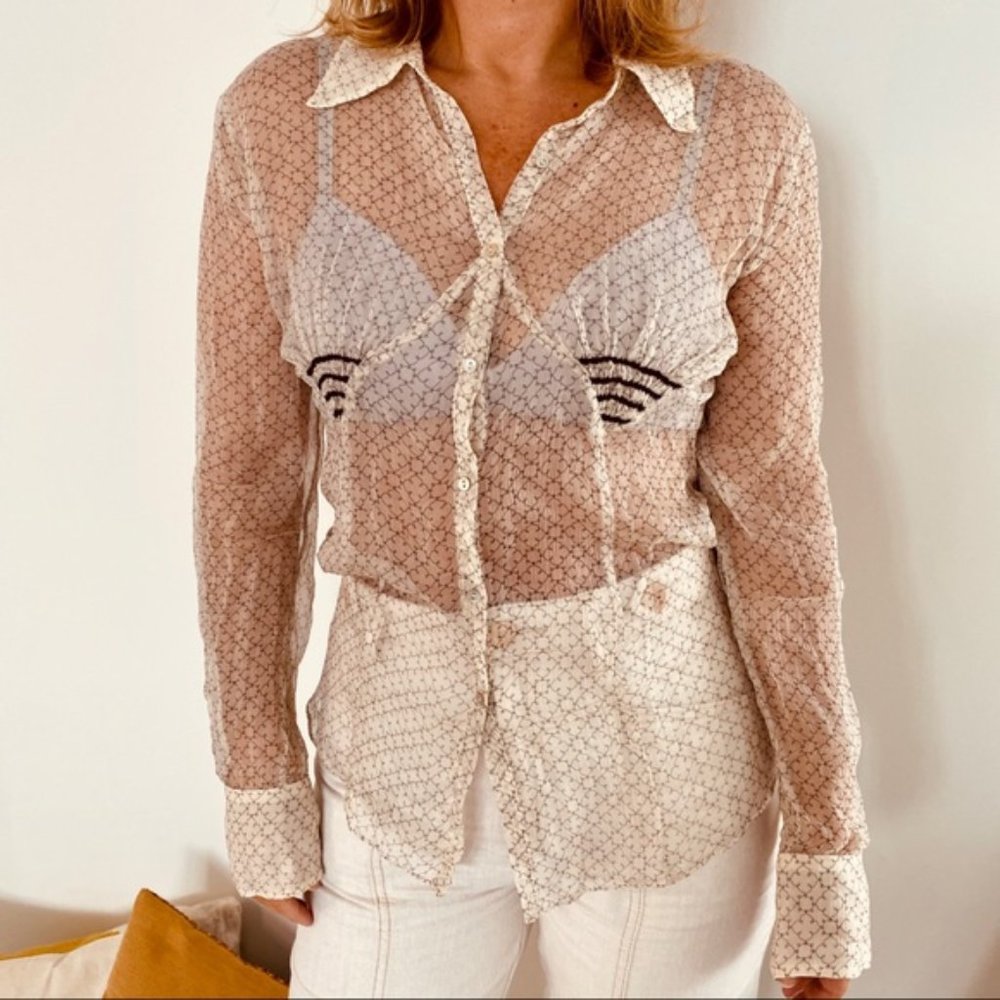 Max Studio Sheer Pure Crepe Silk Cream Blouse